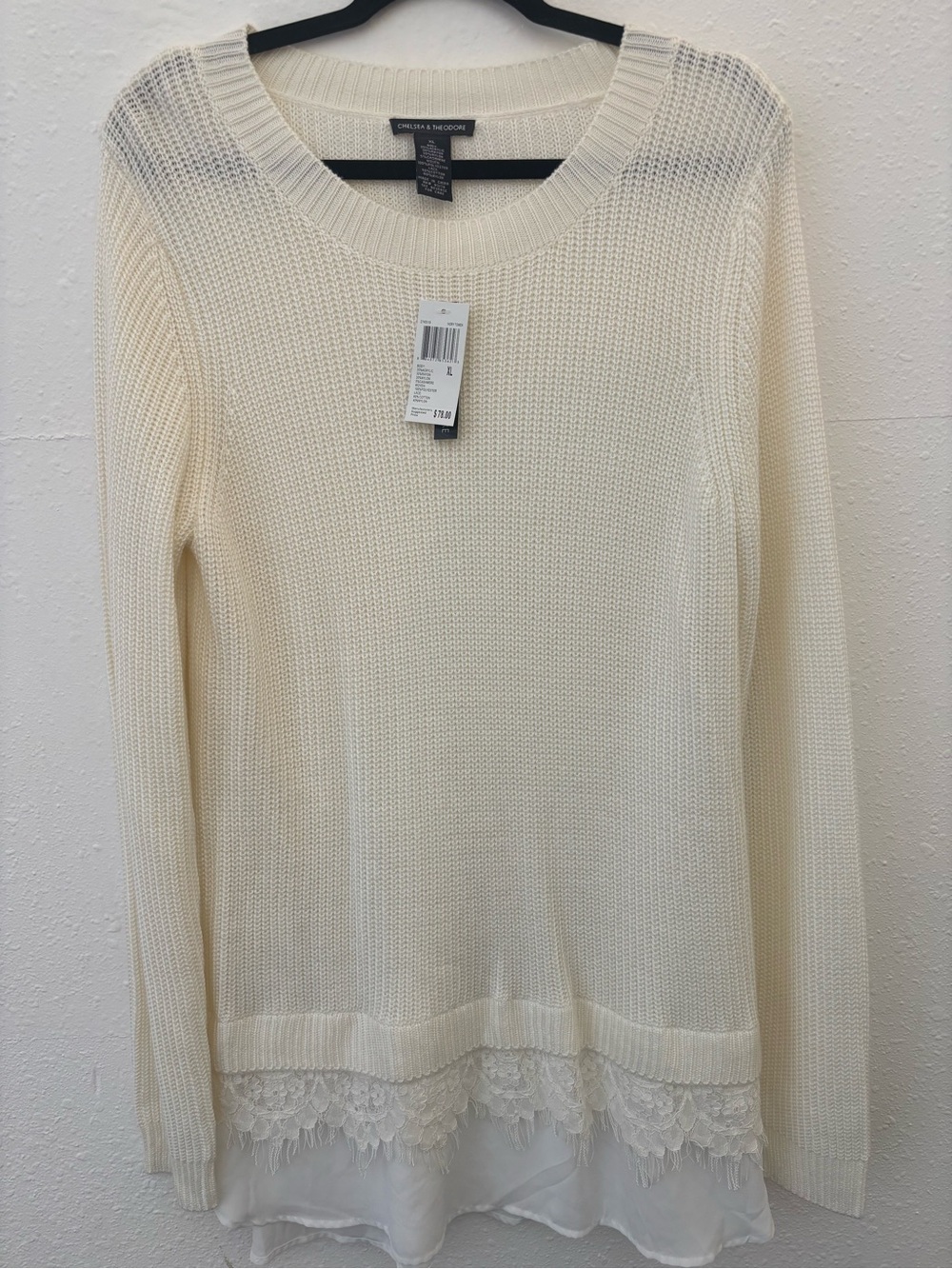 Chelsea & Theodore Cream Lace-Hem Crew Neck Sweater